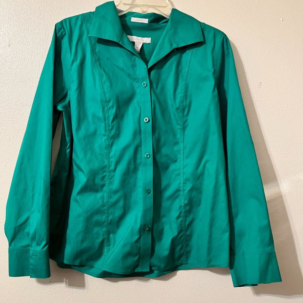 Chico's women's blouse long sleeves buttons down, green size 1